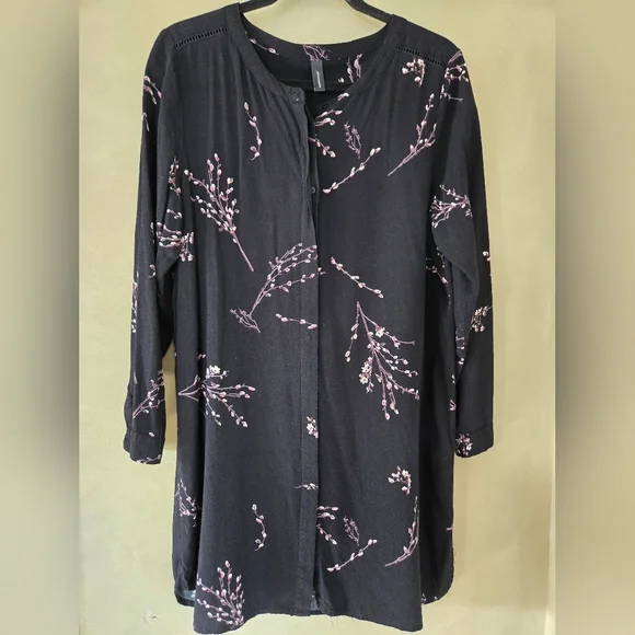Soyaconcept | Black Floral Button-Front Tunic Top w/ Pink Branch Print, Size S - Picture 2 of 10